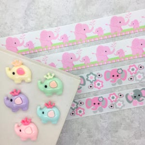 Pink Elephant Grosgrain Ribbon 7/8" 22mm, Baby Elephant Flatbacks, Cabochon Embellishments, Trim for Hair Bows, Crafts for Kids