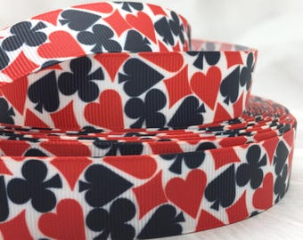 Playing Card Grosgrain Ribbon 7/8" 22mm, Diamonds, Clubs, Spades, Hearts, Poker, Casino, Gambling, 3 or 5 Yards