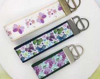 Butterfly Keychain, Butterflies Key Fob, Purple Flower Key Chain Wristlet, Gift for Her