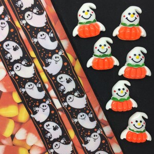 Halloween Grosgrain Ribbon 1&quot; 25mm OR Ghost in Pumpkin Flat Back Embellishments, Spooky DIY Craft Supply for Bows & Projects