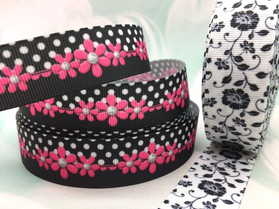 Flower Grosgrain Ribbon, Polka Dot Ribbon, Hair Bow Ribbon, 3 or 5 Yards