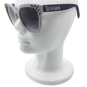 Women&#39;s Oversized Cat Eye Sunglasses, Embellished Bling Sunnies, Hand-Painted Blessed Script, Fashion Statement Shades