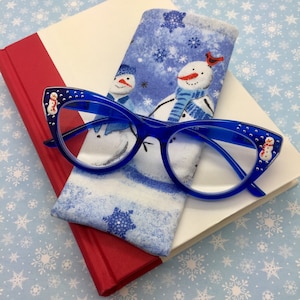Blue Cat Eye Reading Glasses +3.25, Christmas Readers, Hand Painted Snowman, Eyeglasses Case