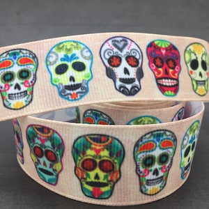Sugar Skull Grosgrain Ribbon 1&quot; 25mm, Day of the Dead Holiday, Halloween Crafts, 3 Yards