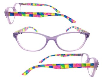 Rainbow Reading Glasses for Women, Colorful Crystal Bling Readers, Sparkly Eyeglasses, Fashion Eyewear, +1.50 Strength, Gift for Book Lovers
