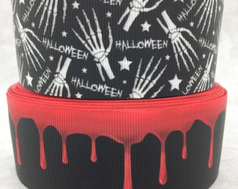 Spooky Halloween Grosgrain Ribbon 1 1/2" 38mm, Skeleton Ribbon, Dripping Blood Ribbon, Choice of 3 Yards or 5 Yards