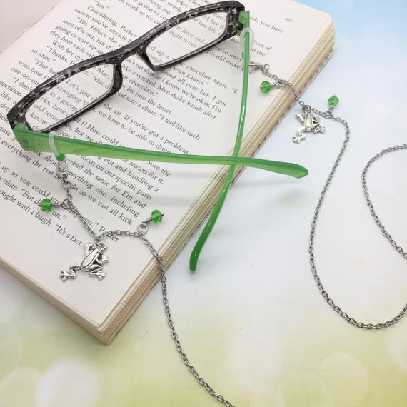 Handmade Eyeglass Chain With Frog Charms Green Beads, Glasses