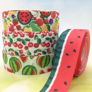 Mixed Fruit Grosgrain Ribbon 7/8&quot;, Cherry Ribbon 1&quot;, Watermelon Ribbon 7/8&quot;, Summer Ribbon, Choice of 3 Yards or 5 Yards