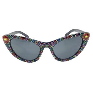 Hand Painted Polka Dot Sunglasses with Bling, Retro Funky Rhinestone Sunnies, Colorful Rainbow Shades, Custom Statement Eyewear for Women