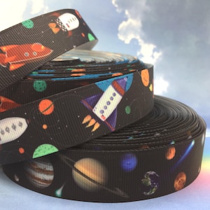 Celestial Ribbon, Outer Space Grosgrain Ribbon, Moon & Planet Design, 7/8" 22mm, 3 or 5 Yards