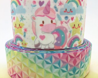 Rainbow Unicorn Grosgrain Ribbon, 3 or 5 Yards