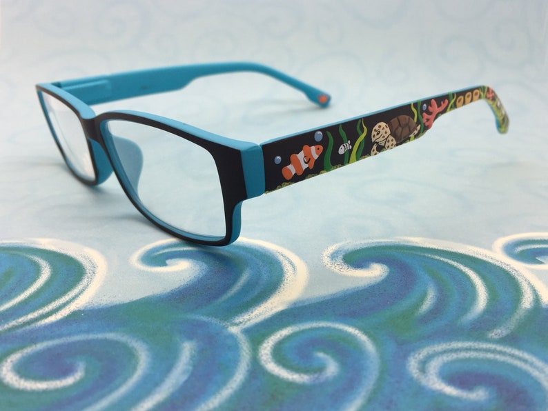 Hand Painted +1.50 Reading Glasses Eyeglasses Coral Sea Turtle Readers +1.5 Seaweed Blue Bubbles Fish