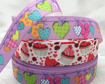 Valentine's Day Grosgrain Ribbon 7/8" 22mm, Heart Ribbon, Cupcake Ribbon, Choice of 3 Yards or 5 Yards