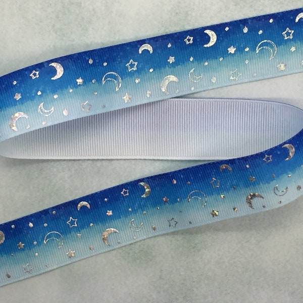 Moon and Stars Ribbon, Foil Grosgrain Ribbon 1" 25mm, Celestial Ribbon, Blue Gradient Ribbon, Hair Bow Ribbon, Sold by the Yard