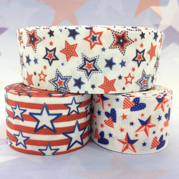 Patriotic Star & Heart Grosgrain Ribbon 1.5" 38mm, Americana Ribbon for 4th of July Hair Bows, Summer Crafts, 3 or 5 Yards