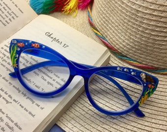 Blue Cat Eye Reading Glasses 2.5 with Hand-Painted Sea Turtle, Fish, Starfish