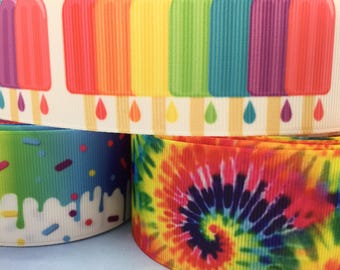 Rainbow Grosgrain Ribbon 1.5" 38mm, Tie Dye Ribbon, Ice Cream Ribbon, Paint Splatter Ribbon, Choice of 3 Yards or 5 Yards