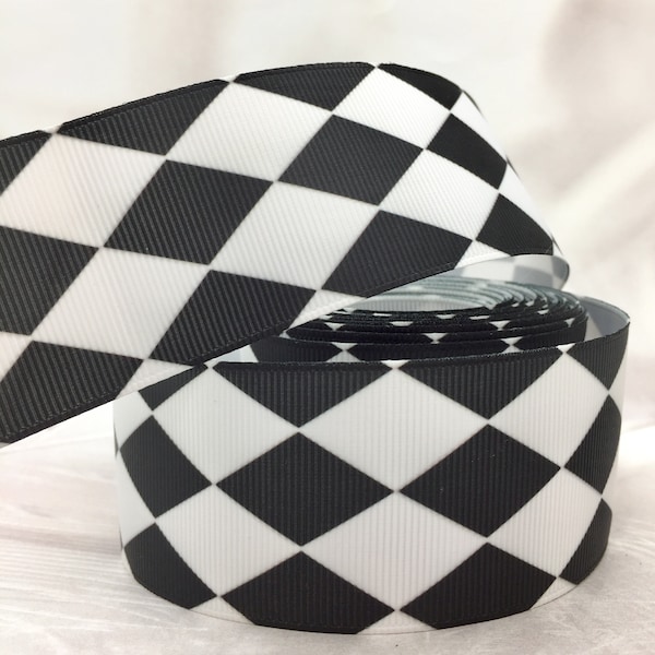 Harlequin Diamond Grosgrain Ribbon 1 1/2" 38mm, Black and White Ribbon, 4 Yards