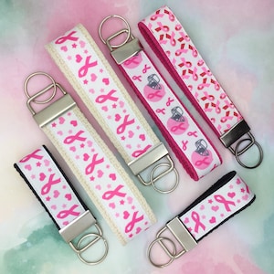 Pink Ribbon Breast Cancer Awareness Keychains, Keyring, Handmade Key Fobs, Wristlet Lanyard Strap, Cancer Survivor Gift for Her