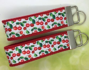 Red Cherry Ribbon Wristlet Key Fob Keychain