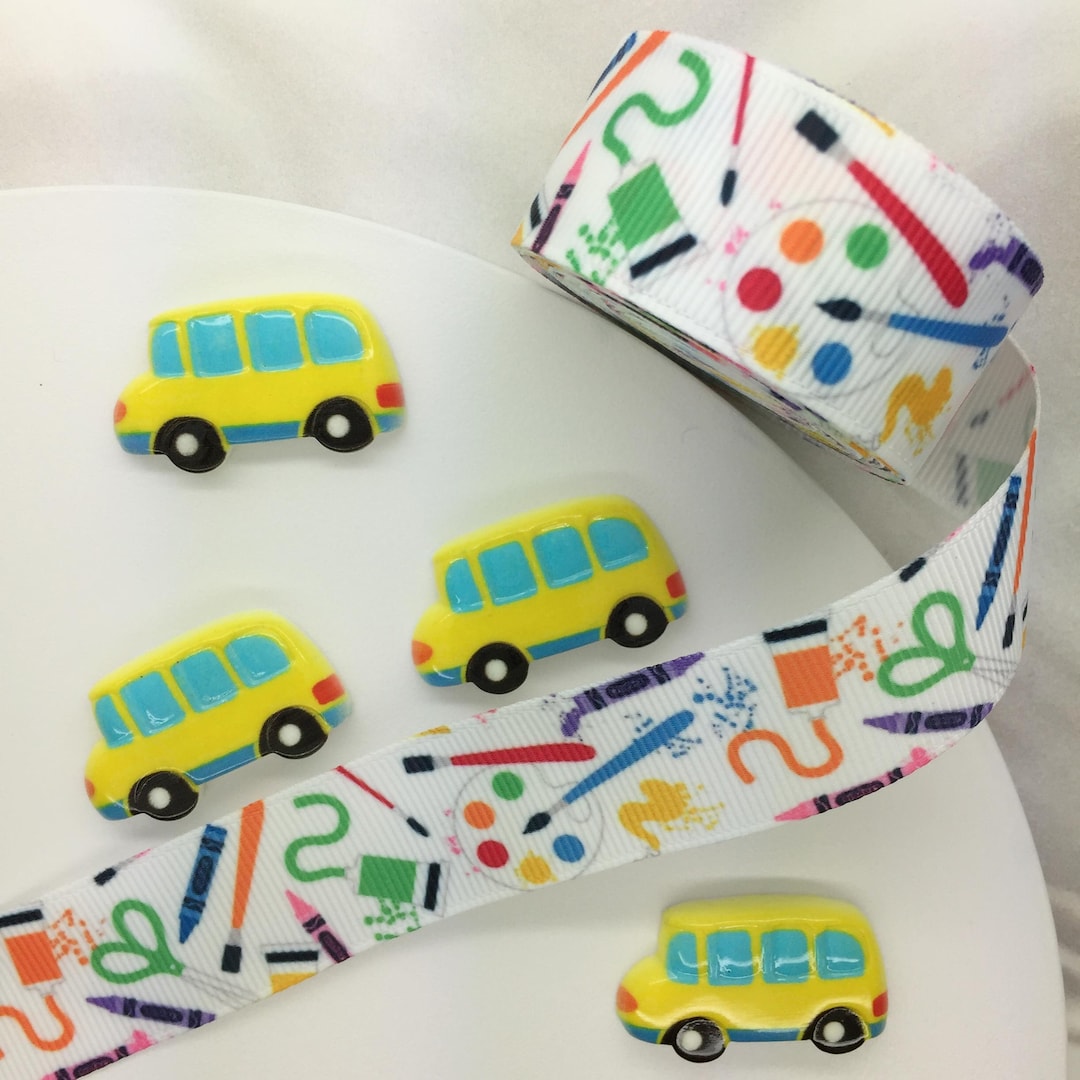 School Ribbon & Bus Flatback Cabochon Set, 7/8