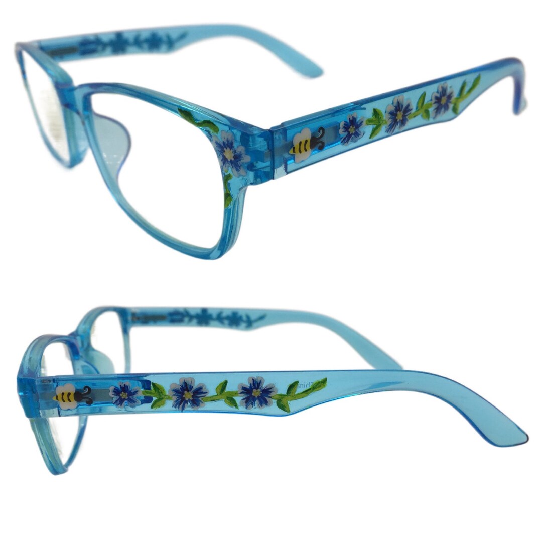Blue Reading Glasses, 2.0 Strength Readers, Hand Painted Eyeglasses