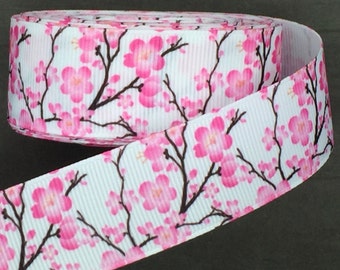 Cherry Blossom Grosgrain Ribbon 1" 25mm, Flower Ribbon, 5 Yards