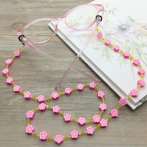 Pink Flower Eyeglasses Necklace, Floral Glasses Chain, Eyewear Holder, Sunglasses Lanyard, Beaded Glasses Leash, Mother&#39;s Day Gift for Her