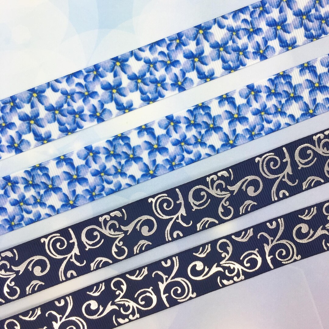Flower Ribbon, Navy Blue Silver Swirl Ribbon, Grosgrain Ribbon 7/8 ...