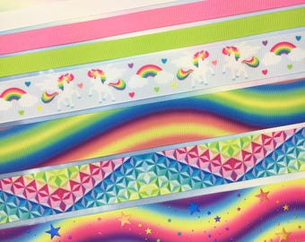 Unicorn Ribbon, Rainbow Ribbon, Celestial Star Ribbon, Grosgrain Ribbon, 1 Yard of Each, 7 Total Yards