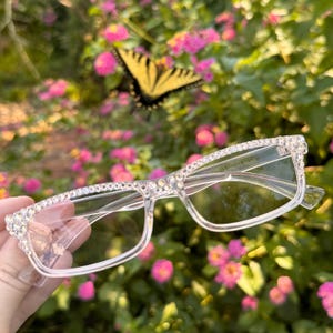 Clear Crystal Bling Reading Glasses for Women, Stylish Rectangular Readers with Rhinestones, Fashion Eyeglasses