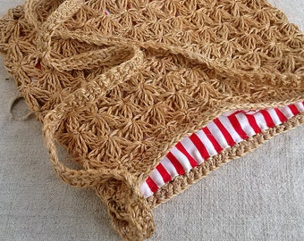Beige Häkeltasche Jute gehäkelt Schulter Handtasche schöne Sac gestreift Futter 2 große tiefen Taschen Damen Accessoires Retro Mode Handmade