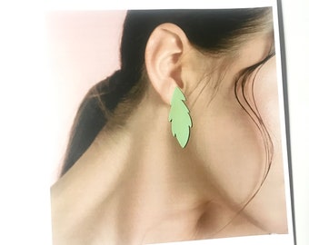 Contemporary Minimal modern green leaves stud earings nature inspired unique  earings