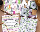 Doodle Love Colourful Christmas Greetings Cards | Pack of 4, Noel, Christmas Trees, Baubles, Merry Christmas