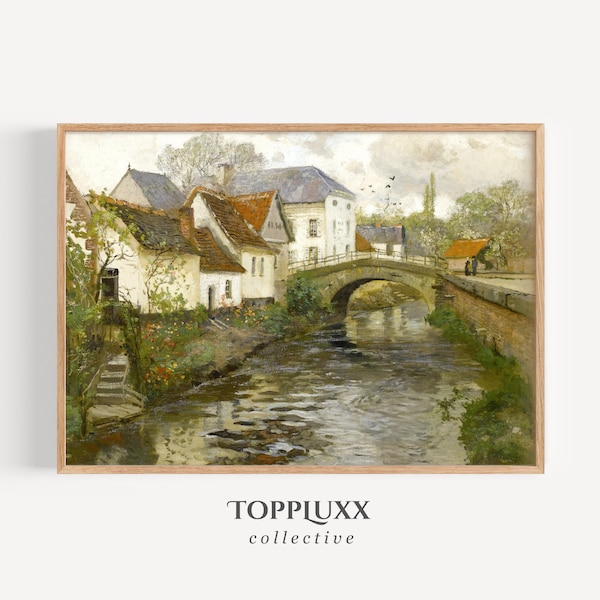 Digital Printable Scenery Antique Oil Painting Vintage Cottage Town Landscape Wall Art 1900s Print River Stream Town Decor Country House