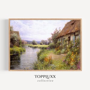 Vintage Cottage Landscape Wall Art 1900s Digital Printable Scenery Antique Oil Painting Print Farmhouse Decor Flowers Country House Stream