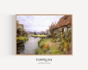 Vintage Cottage Landscape Print: Antique Farmhouse Oil Painting (Digital Download)