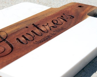 Personalized Marble Acacia Wood Cutting Board, Engraved Charcuterie Board