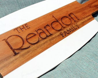 Personalized Acacia Wood and Marble Cutting Board, Engraved Charcuterie Board