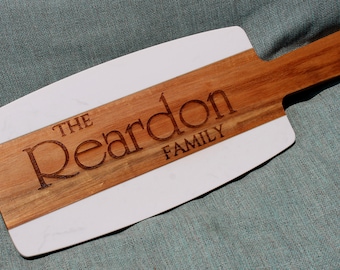 Personalized Marble Acacia Wood Cutting Board, Engraved Charcuterie Board Wedding Gift