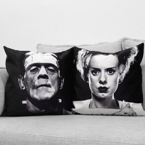 monster and the bride of frankenstein - set of 2 - 18" velveteen pillow case -  his and hers - black background