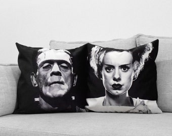 monster and the bride of frankenstein - set of 2 - 18" velveteen pillow case -  his and hers - black background