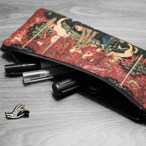 the lady and the unicorn // taste - lined twill pencil case - double sided print - unicorn tapestries, 1495 - 1505