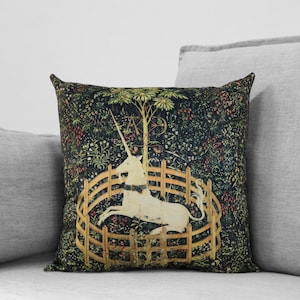 the unicorn is in captivity and no longer dead - 18&quot; velveteen pillow case - unicorn tapestries, 1495 - 1505
