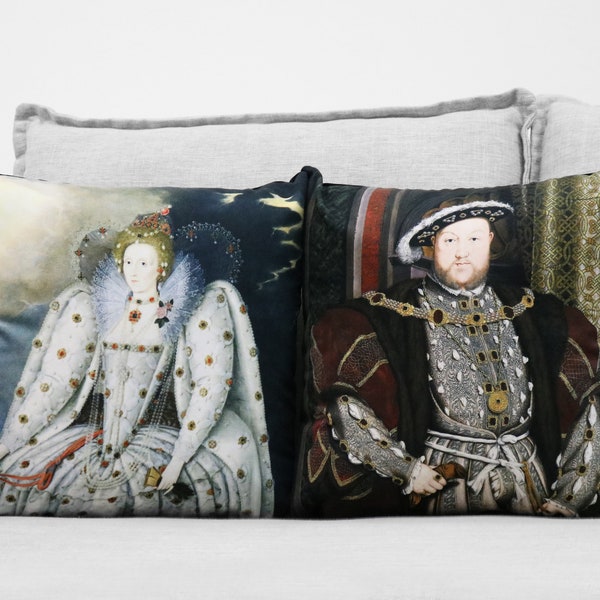 queen elizabeth I & king henry vIII - set of 2 - 18" velveteen pillow cases - tudor paintings