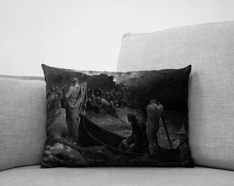 virgil confronting the devils - the divine comedy illustration // dante's inferno - 14" x 20" velveteen pillow case - Gustave Doré, 1892