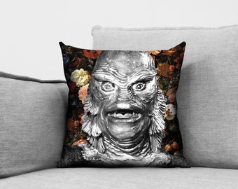 creature from the black lagoon - 18" velveteen pillow case - monster movie - floral print background