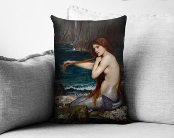 the mermaid  - 14" x 20" velveteen pillow case - john william waterhouse, 1901