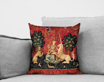 the lady and the unicorn - sees // sight - 18" velveteen pillow - unicorn tapestries, 1495 - 1505