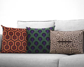 the shining - set of one 14" by 20" and two 18" velveteen pillow case - overlook hotel // carpet pattern, room 237 and maze